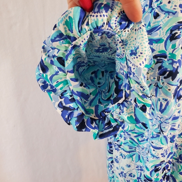 Lilly Pulitzer Carlile Small Blue Iris High Mainten Blouson Sleeve Pima Beach S - Picture 8 of 13
